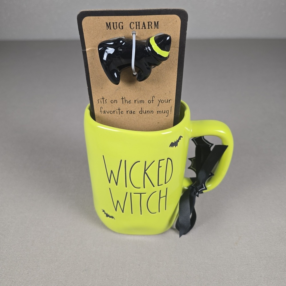 Rae Dunn Green Ceramic Mug W/ Cat Charm- WICKED WITCH - NWT